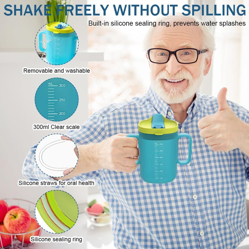 BIZOI 2PCS Elderly Spill Proof Cups, 300ml Unspillable Cup with