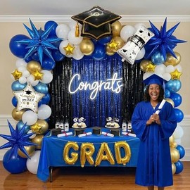 Blue White Gold Graduation Balloon Garland Arch Kit with Graduation Star print Certificate Letter Foil Balloons for Graduate Class of 2026 Grad Prom party Decorations Supplies (Blue White)