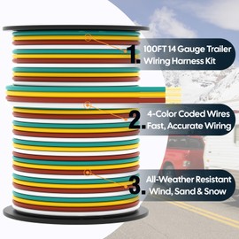 GOFOWRK 100FT Trailer Wiring Harness Kit, 14 Gauge 4-Way Bonded Wishbone Color-Coded Trailer Wire Spool for Rewiring Boat, RV, Marine, Camper, and Lights (Green, Yellow, Brown, White)