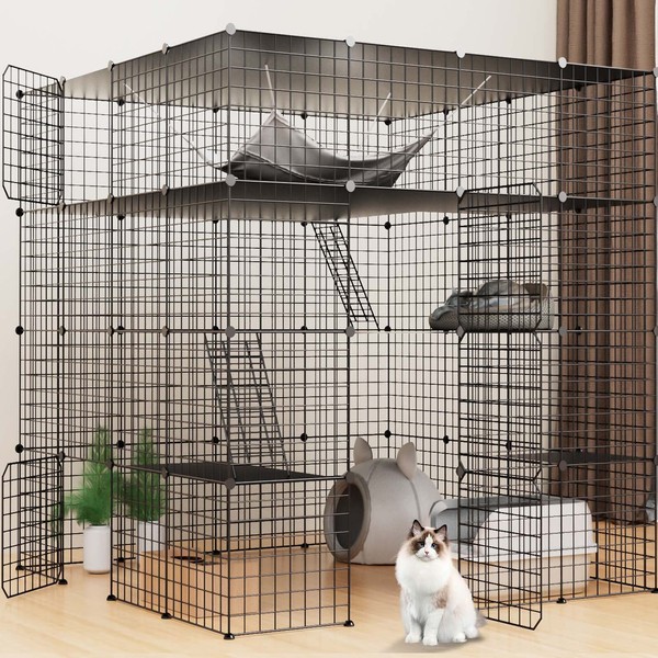 JYEARN Cat Cage Indoor Large DIY Pet Playpen Cat Enclosures Small Animal House Detachable Pet Playpen with 5 Doors 5 Tiers for 1-5 Cats with Platforms, 55L x 55W x 55H Inch