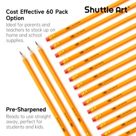 Shuttle Art 60 Pack Pencils, #2 HB, Pre-sharpened Pencils with Top Erasers, Premium Woodcased Yellow Pencils Bulk for Classroom & School Supplies, Writing and Drawing