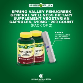 Unique Bundle Store Spring Valley Fenugreek, 610 mg, 100 Count Fenugreek Capsules, General Wellness Dietary Supplement Vegetarian + 7 Day Pill Organizer Included (Pack of 2)