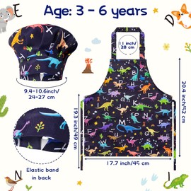 GROBRO7 4Pcs Kids Apron and Chef Hat Set Gift for Girls Boys Dinosaurs Alphabet Word Adjustable Kitchen Beginner Toddler Aprons with 2 Pockets Waterproof Chef Hats for Baking Cooking Painting Training