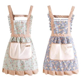JazRvr Pack of 2 Women's Cooking Aprons, Adjustable Cooking Apron, Mum, Cooking Apron for Cooking, Baking, Restaurant, Cafe, Home (Green and Blue)