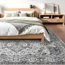 Washable Area Rug Vintage - Living Room Farmhouse Oriental Rug 6x9 Distressed Non-Slip Stain Resistant Carpet for Bedroom Dining Room Home Kitchen Office (6x9 Grey/Blue)