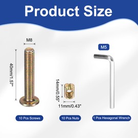 sourcing map 10Pcs Bed Frame Bolts, M8x40mm Hex Socket Head Cap Screws Bolts with Barrel Nuts Hardware Replacement Kit & M5 Hex Wrench for Furniture, Beds, Chair