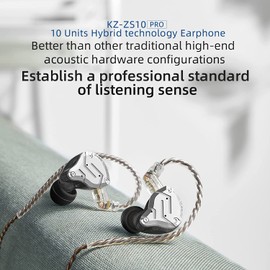 KZ ZS10 Pro - Auriculares con cable para monitor de oído, auriculares KZ IEMs, 4BA+1DD, 5 controladores, auriculares de metal con placa frontal de acero inoxidable, cable desmontable de 2 pines (negro