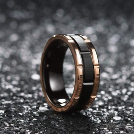 King Will Mens 8mm Black and Rose Gold Tungsten Carbide Wedding Ring Brick Pattern Brushed Finish 12.5