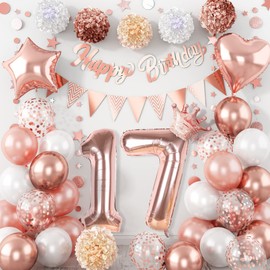 17th Birthday Decorations Girl, Rose Gold White Confetti 17th Birthday Balloons Happy Birthday Bunting Banner Paper Pom Poms with Circle Dot Garland for 17 Year Old Girls Birthday Party Decor Supplies