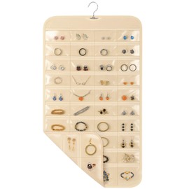 Hanging Jewelry Organizer for Closet with Swiveling Hanger, 17 x 30 In, 80 Clear Pockets Jewelry Organizer Hanging for Jewelries, Earrings, Accessories (Beige)