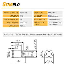 STARELO 5PCS 12mm Latching LED Push Button Switch Mini Round Silver Shell with Pre-Wired, Power Mark Logo, IP65 Waterproof Push Button Switch, 1NO 1 Normally, Self Latching (Blue) with LED.