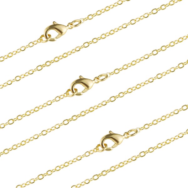 Wholesale 12 PCS Gold Plated Brass Flat Cable Chain Finished Necklace Chains Bulk for Jewelry Making(20 Inch(2MM))