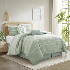 Stratford Park Cotton California King Comforter Set, Sage Geometric Jacquard Bedding Set, Cozy 6 Piece Bedding Set, Bedskirt, Pillows & Shams, Home Decor