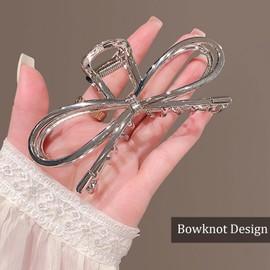 Metal Hair Claw Clips, Silvery Bowknot Alloy Non-Slip Strong Grip Hair Jaw Clips for Thick or Thin Hair (Silver Bow)