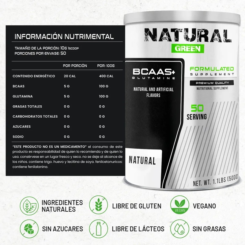 Bcaas Glutamina Aminoácidos Natural Green 500g Sabores