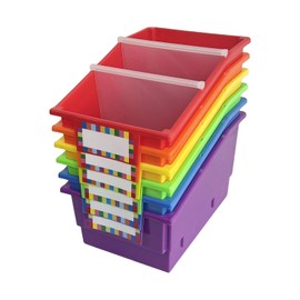 6 Pack Picture Book Organizer Bins with Dividers, Large Plastic Book Holders with Labels, Multi Purpose Classroom Organization Bins Storage Container for Classroom Library (Rainbow)