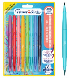Paper Mate Flair DUAL Felt Tip Pens | Brush and Medium Tips (0.7mm) | Double Ended Colouring Pens | Assorted Colours | 8 Count