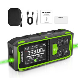 Huepar Dual Laser Measuring Tool, 393Ft Green-Beam Bilateral Digital Laser Distance Measure 6 Units Ft/in/M, Rechargeable Laser Measurement Tool -Backlit LCD Display, Length/Area/Volume/Angle Sensor