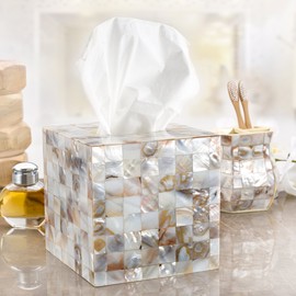 Milano Tissue Box Cover Square – Decorative Tissue Holder for Bathroom - Beautiful Natural Mother of Pearl Capiz Shells Tissue Box Holder - Cube Tissue Box Cover with Durable Bottom Slider