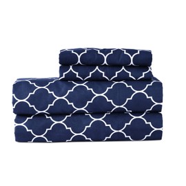 Boston Linen Co. 4 Piece Hotel Collection Quatrefoil Bedding Full Size Sheet Set - 1800 TC Double Brushed Microfiber Sheets - Wrinkle Free and Fade Resistant with 15-inch Deep Pocket (Navy)