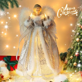 MACTING 14 Inch Angel Tree Topper with White Feather Wings and Silver Skirt, Christmas Tree Topper with LED Light for Tree Toppers, Christmas Decorations
