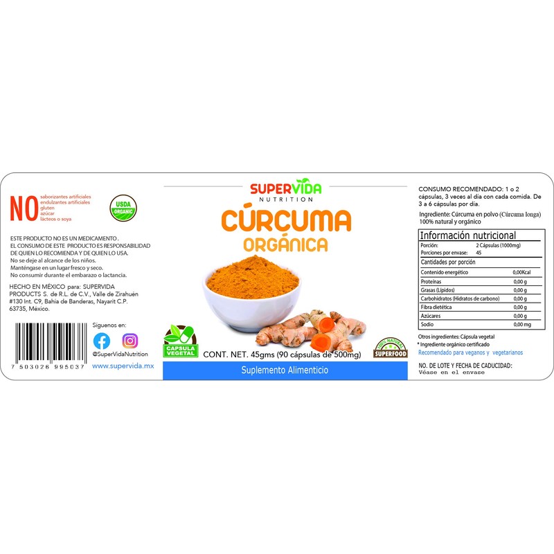 Cúrcuma Orgánica 180 Cápsulas (2 Frascos de 90 Cápsulas Vegetales
