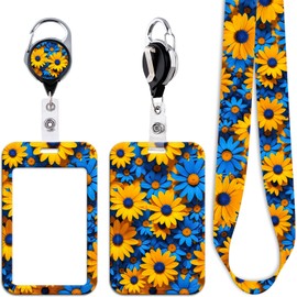 Daisy Badge Holder Lanyard with Retractable Badge Reel Clip Cute Flowers Keychain for Women Teens Teachers Kids Nurese for ID Badge Keys Preppy School ID Holder Reel Lanyard(Blue & Yellow)