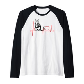 Tabby Cat Heartbeat EKG Funny Cats & Kitten Lovers Raglan Baseball Tee