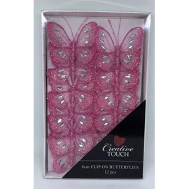 SET OF 12 Clip On Jewelled Glitter Mesh Decorative Butterflies 8cm (Pink)