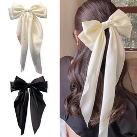 Bow Hair Clip, Hair Bows Big Bowknot for Women, Solid Satin French Bow Hair Clips with Long Ribbon, Silky & Soft Hair Barrette Clips Simple Girls Hair Accessories (Black+White)