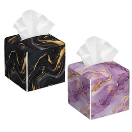2 Pcs Black Gold Marble Tissue Box Cover Leather Tissue Box Holder Square Facial Paper Organizer Dispenser for Bedroom Dresser Night Stand Office Desk