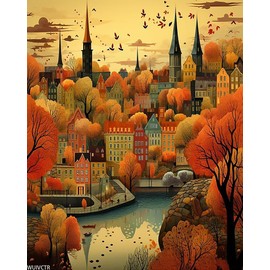 Paint by Numbers for Adults, City Street Autumn Landscape, Paint by Number on Canvas, DIY Oil Painting for Gift Home Wall Decor, 40x50cm, Without Frame
