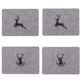 Stag Felt Place Mat Set, 44 x 32 cm, Set of 4, Lightweight, Durable, Wet Rubbed (4 x Grey (2 x Deer + 2 x Stag Head))