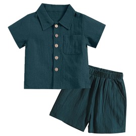 Happy Cherry Cotton Boy Sets Summer Suit Outfit Linen Button 2-3T Dark Green B