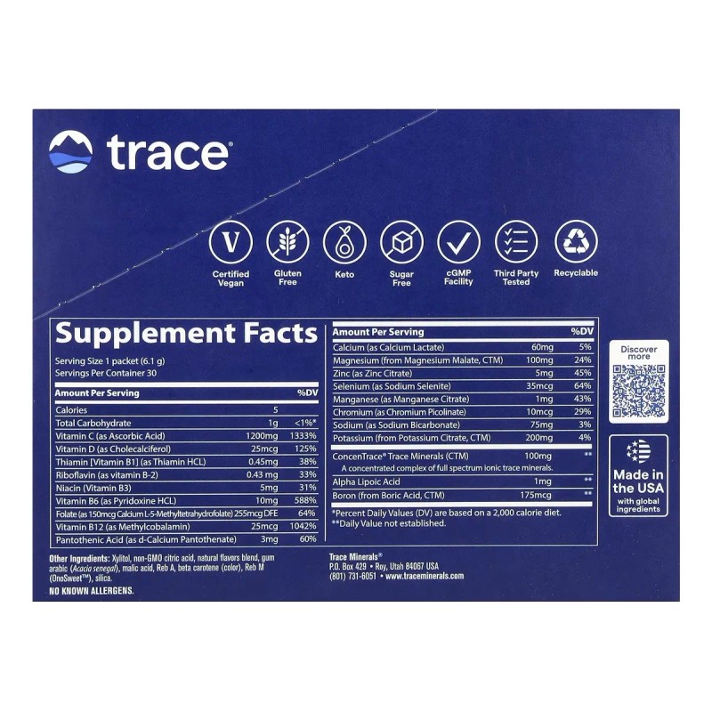 Trace Minerals Power Pak Cero Azúcar 30sachets, 183g Sabor Naranja-mango