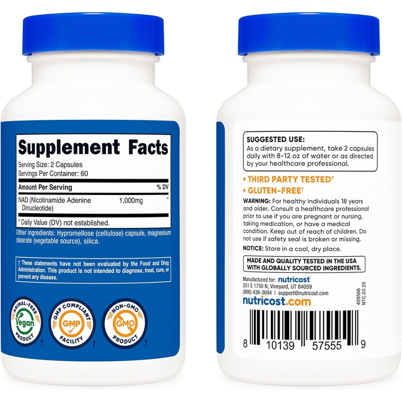 Nutricost NAD+ Supplement 1,000mg per Serving,120 Capsules (Nicotinamide Adenine Dinucleotide)