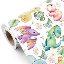 WRAPAHOLIC Dinosaur Baby Shower Wrapping Paper - Mini Roll - 17 Inch x 16.5 Feet - Cute and Colorful Dinosaur Wrapping Paper for Baby Shower, Boys Birthday, Baptism Gift Wrap