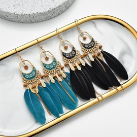 QLUYCKW Faux Feather Earrings Bohemian Handmade Colorful Long Feather Wood Bead Vintage Tassel Drop Dangle Earrings with Dream Catcher Design for Women (Blue)