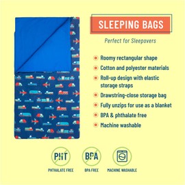 Wildkin Kids Sleeping Bags for Boys & Girls, Measures 57 x 30 x 1.5 Inches, Cotton Blend Materials Sleeping Bag for Kids, Ideal Size for Parties, Camping & Overnight Travel (Transportation),Blue