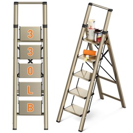 GameGem 5 Step Ladder, Foldable Step Stool, Aluminum Step Ladder with Anti-Slip Widened 7.9Inch Pedal, Tall Step Ladder for Reaching High, Suitable for Home Use, 330lbs Capacity, Gold