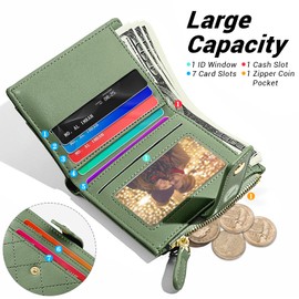 YINHEXI Women's RFID Protected Small Bifold Wallet, Faux Leather, Green, Mini Short Purse