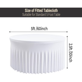 WedDecor White Table Cloth Skirt, 5ft x 2.5ft Pleated Round Spandex Stretchable Tablecloth Cover For Wedding, Dining, Birthday Party, Baby Shower, Restaurant and Special Events Table Decoration