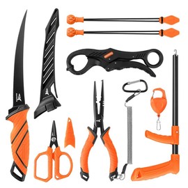 KastKing SteelStream  Fishing Tool Kit - Fishing Pliers with Lanyard, Fillet Knife, Floating Fish Lip Gripper, Fishing Braid Scissors, Tool Retractor, Fishing Hook Remover, Bungee Cords ToughTide Tools Kits - Style: 8pc Fishing Tool Kit