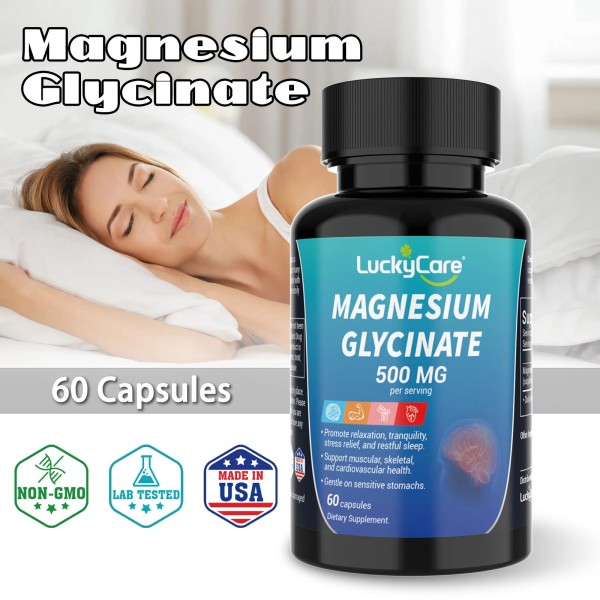LuckyCare Magnesium Glycinate 500mg - 60 Capsules For Sleep, Stress