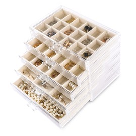 Frebeauty Acrylic Jewelry Organizer Earring Organizer Box with 5 Drawers Earring Holder Organizer with Velvet Trays Clear Jewelry Box for Women Earring Display for Rings Studs(Beige)
