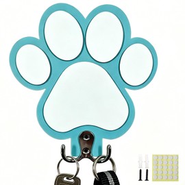 Rustic Wooden Dog Leash Holder Wall Decoration, Cute 3D Puppy Paw Wall Mount Hanger Organizer Hooks for Home Decor, Farmhouse, Coat Rack, Keys, Harness, Collars, Entryway, Pet Lover Gift（Teal Blue）