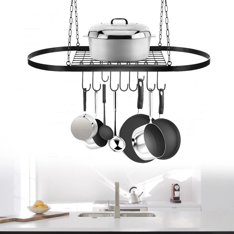 Kitchen Storage Hanging Pot Holder Pan Hanger Shelf Cookware 9-Hooks
