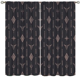 Llylumty Boho Skull Blackout Curtains,Western Aztec Ethnic Horns Minimalist Line Style Rod Pocket Window Treatment Drapes for Living Room 21x63in,2 Panel Set