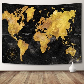 Dtekoj World Geographical Distribution Tapestry, Black and Gold World Map, 90 X 70 IN Panels for Bedroom, Living Room, Dorm