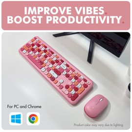 X9 Pink Cute Wireless Keyboard and Mouse Combo - 2.4G Retro Typewriter-Style with Aesthetic Bubble Keys - Colorful Hot Pink Keyboard and Mouse Wireless Combo for PC, Laptop, Windows & Chrome